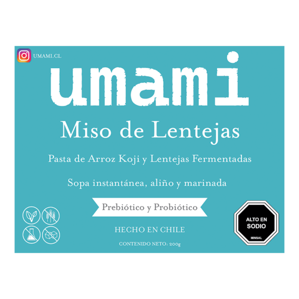 Etiqueta frontal del Miso de Lentejas sin pasteurizar de Umami Chile