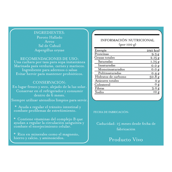 Información nutricional del Miso de Poroto Hallado sin pasteurizar elaborado con Koji