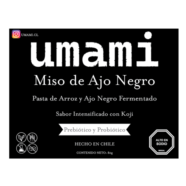 Etiqueta frontal del Miso de Ajo Negro sin pasteurizar, fermento japonés artesanal elaborado en Chile