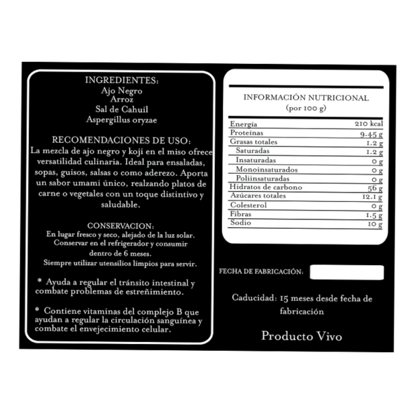tiqueta de información nutricional del Miso de Ajo Negro sin pasteurizar, elaborado con Koji.