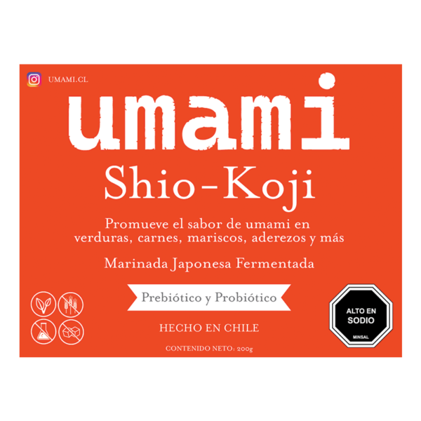 Miso de shio-koji con etiqueta de chile marinada, un fermento japonés ideal para sazonar y marinar carnes y verduras