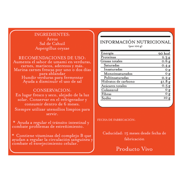 Etiqueta de shio-koji con información nutricional, un fermento japonés utilizado como marinada para carnes, pescados y verduras.