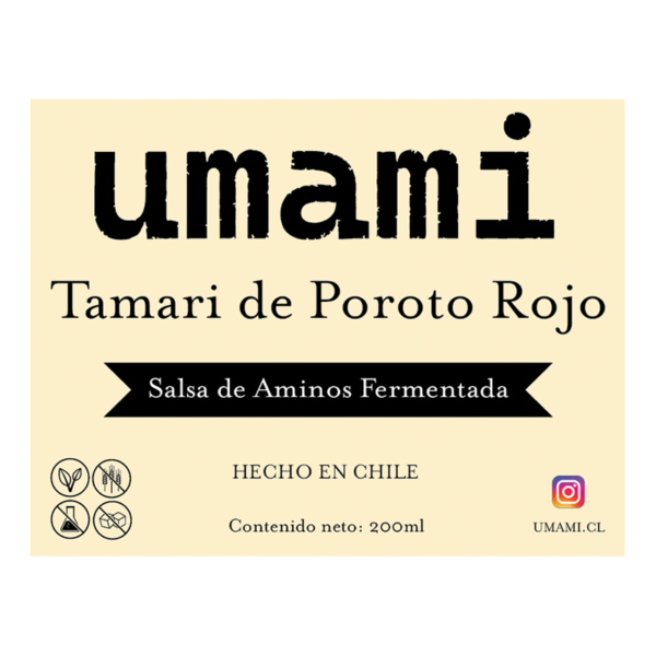 Etiqueta frontal de Tamari de Poroto Rojo sin gluten, fermento japonés artesanal elaborado en Chile