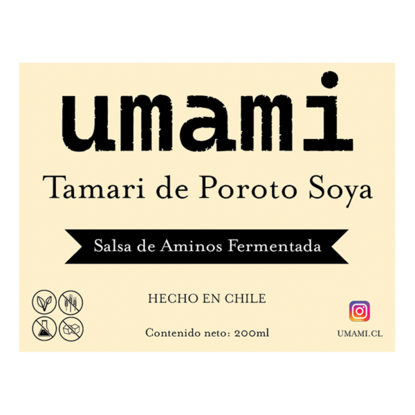 Etiqueta frontal de Tamari de Poroto Soya sin gluten, fermento japonés artesanal elaborado en Chile