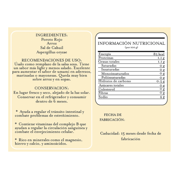 Tamari de Poroto rojo informacion nutricional etiqueta chile sin gluten