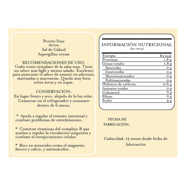 Tamari de Poroto soya informacion nutricional etiqueta chile sin gluten