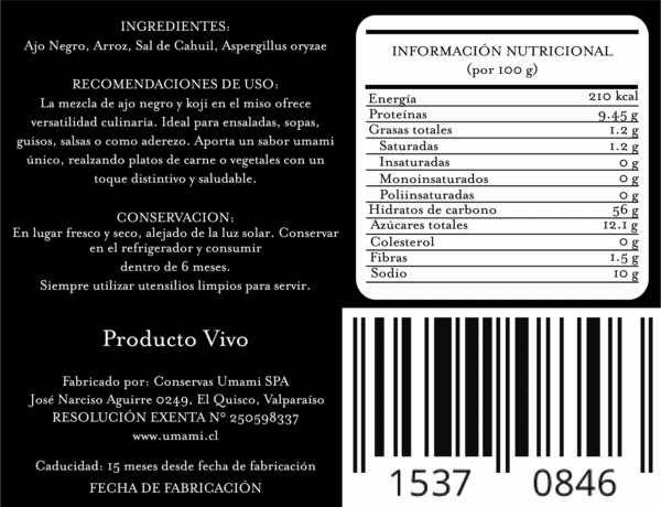 tiqueta de información nutricional del Miso de Ajo Negro sin pasteurizar, elaborado con Koji. 140g