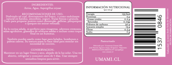 Frasco de Ama-koji artesanal Umami Chile, endulzante natural de arroz fermentado sin azúcar refinada.