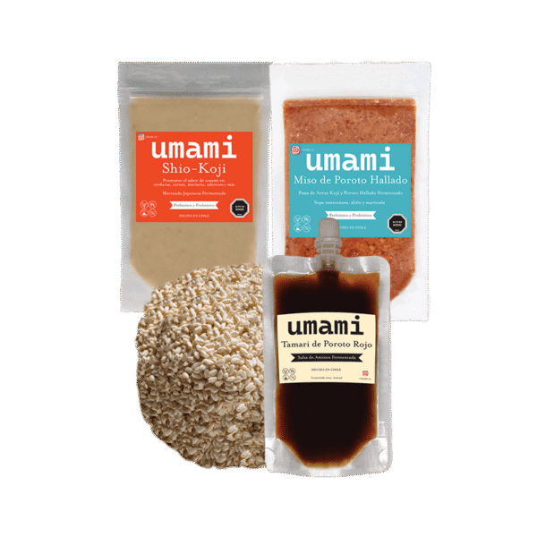 Pack de shio-koji, koji deshidratado, miso de poroto hallado y tamari de poroto rojo artesanal de Umami Chile