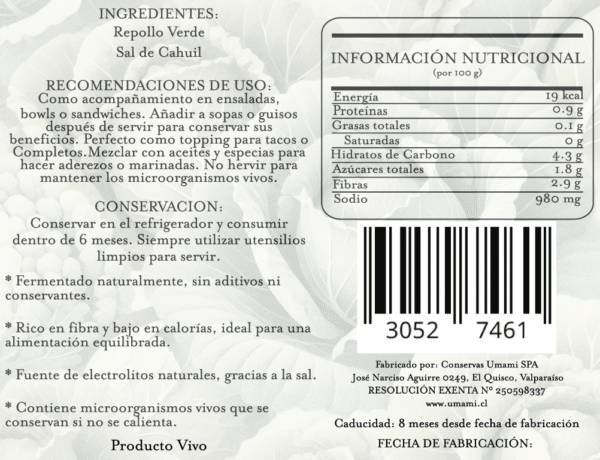 Tabla nutricional y descripción trasera de la bolsa de chucrut probiótico con ingredientes: repollo verde y sal de Cahuil